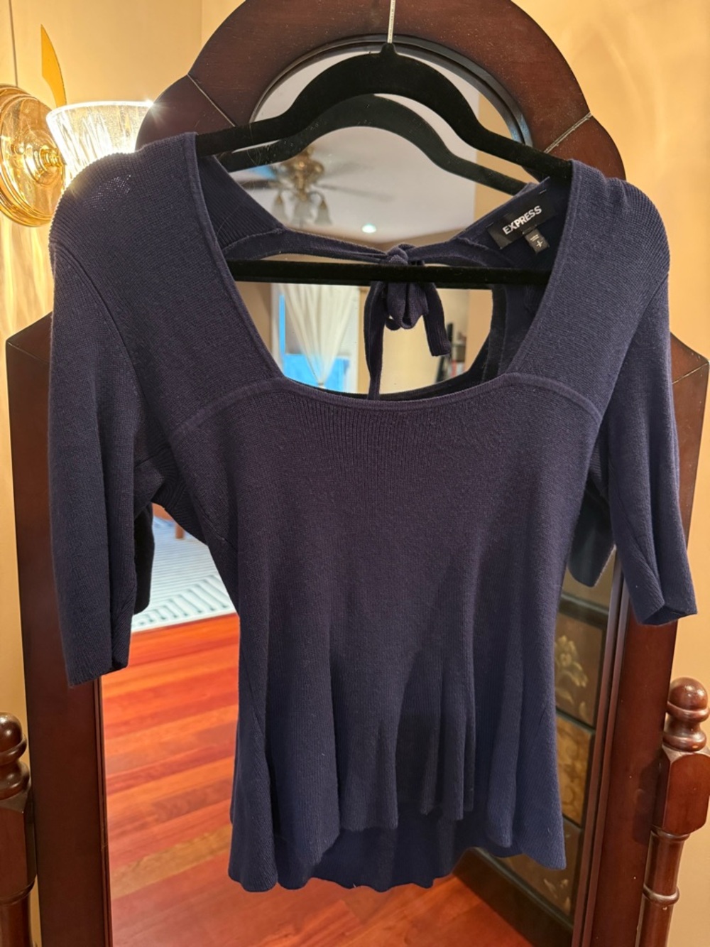 Express Navy Tie-Back Rib Knit Scoop Neck Top